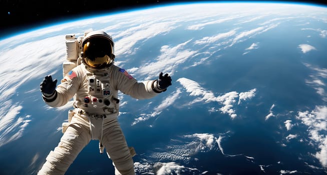 The image shows an astronaut floating in space with his arms outstretched, looking down at the Earth below.