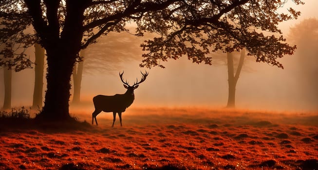 The image depicts a deer standing in a misty forest, with its antlers reaching up towards the sky.