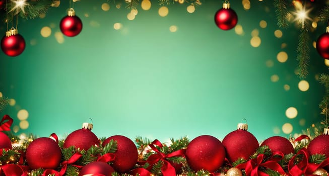 The image is a festive holiday scene with red and green decorations, including Christmas balls, garlands, and a wreath on a green background.