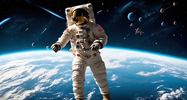 The image shows an astronaut floating in space with a spaceship in the background.
