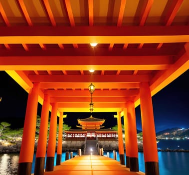 The image shows a Japanese shrine with a red torii gate at the entrance, surrounded by a body of water at night.