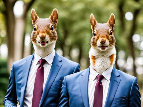 The image shows two squirrels wearing suits and ties, looking at each other with their mouths open.