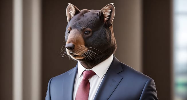The image shows a brown bear wearing a suit and tie standing in front of a window.