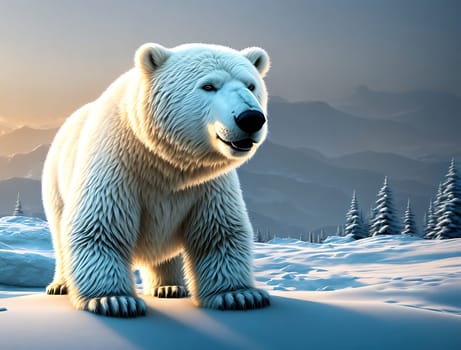 The image is a white polar bear standing in the snow with its paws on the ground and its head looking up at the sky.
