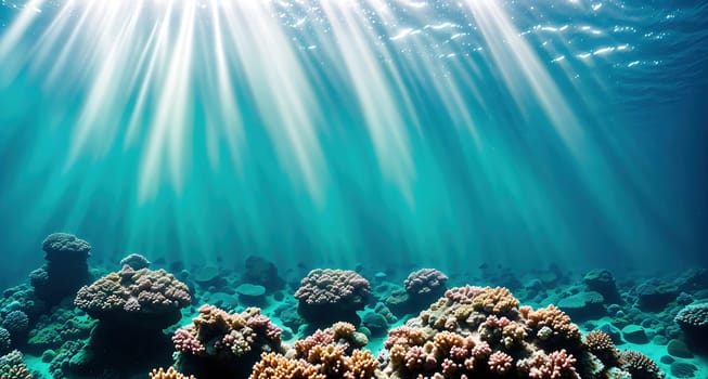 The image depicts an underwater scene with coral reefs and schools of fish swimming in the water.