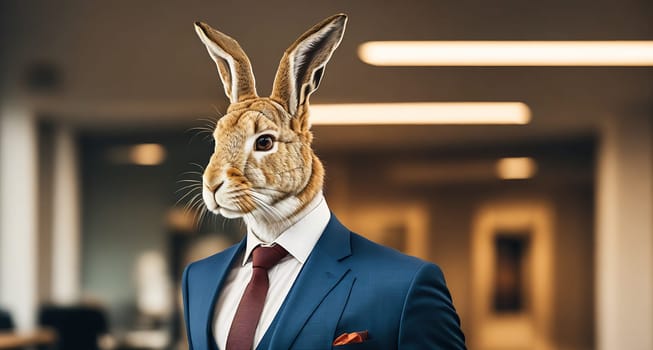 The image shows a rabbit wearing a suit and tie standing in front of a blurred background.