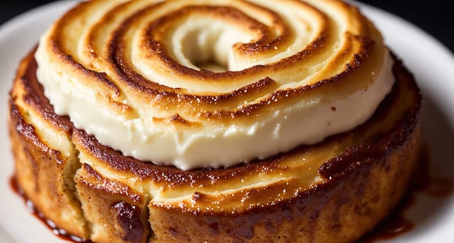The image is a close-up of a cake with a swirl of cream on top, served on a white plate.