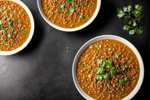The image shows three bowls of lentil soup with fresh parsley and cilantro on the side.