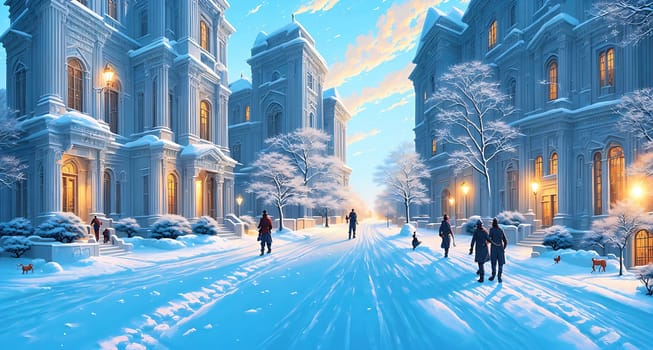 The image depicts a winter scene with snow covered streets, buildings, and people walking in the background.