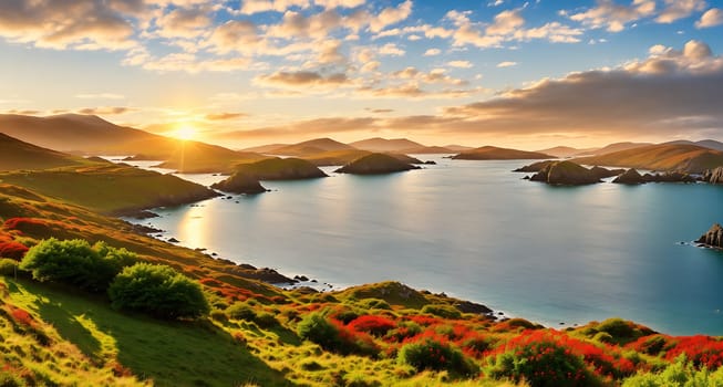The image shows a serene landscape with a body of water in the foreground, surrounded by green hills and mountains in the background.