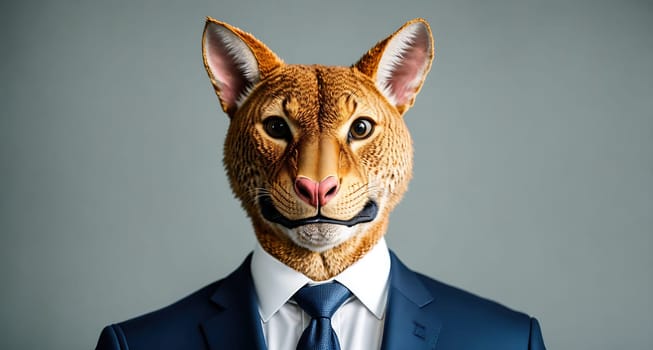 The image depicts a man wearing a suit and tie, with a cats face on his head.