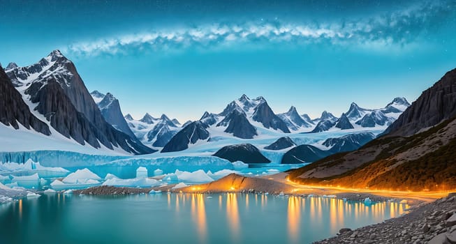 The image shows a mountain range with snow-capped peaks in the distance, surrounded by a lake with icebergs floating in it.