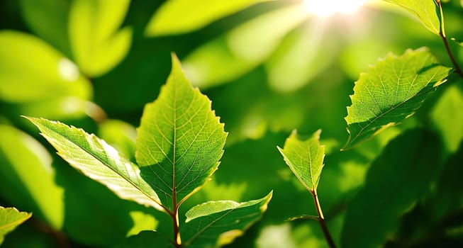 The image shows a close-up of green leaves with the sun shining through them.