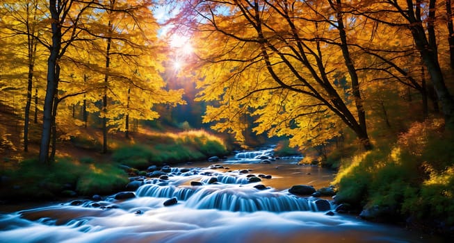 The image depicts a serene and peaceful scene of a river flowing through a forest with colorful autumn leaves surrounding it.