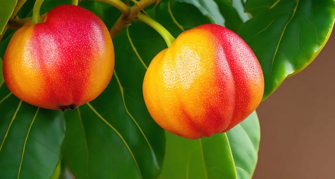 The image shows a bunch of ripe mangoes hanging from a tree branch with green leaves in the background.