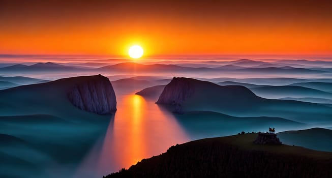 The image depicts a sunrise over a mountain range with a river flowing through the valley below.