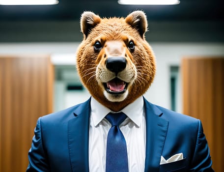 The image shows a man wearing a suit and tie holding a stuffed animal in his arms.