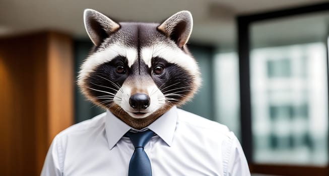 The image shows a man wearing a suit and tie standing in front of a window with a raccoon mask on his face.