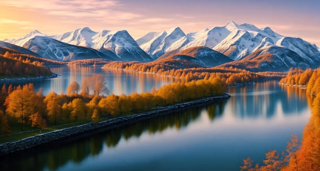 The image shows a serene landscape with mountains in the background, a river flowing through the foreground, and a small town in the distance.