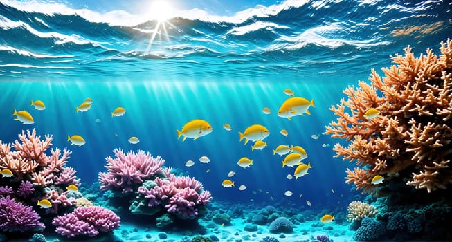The image depicts a colorful underwater scene with coral reefs, schools of fish, and a sunlit sky in the background.