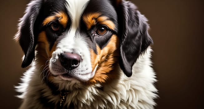 The image is a close-up of a brown and white dog with big brown eyes looking directly at the camera.