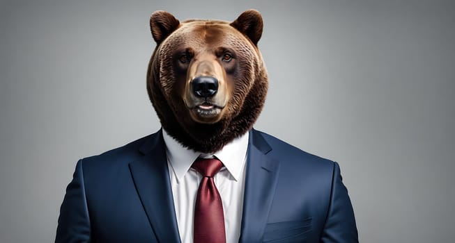 The image shows a bear wearing a suit and tie standing in front of a gray background.