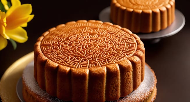 The image shows a cake with a Chinese-style design on top, surrounded by yellow flowers.
