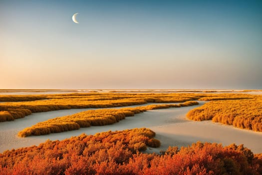 The image shows a vast expanse of marshy land with trees in the foreground and a full moon in the sky.