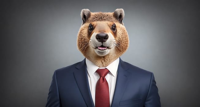 The image shows a cartoon bear wearing a suit and tie standing in front of a gray background.