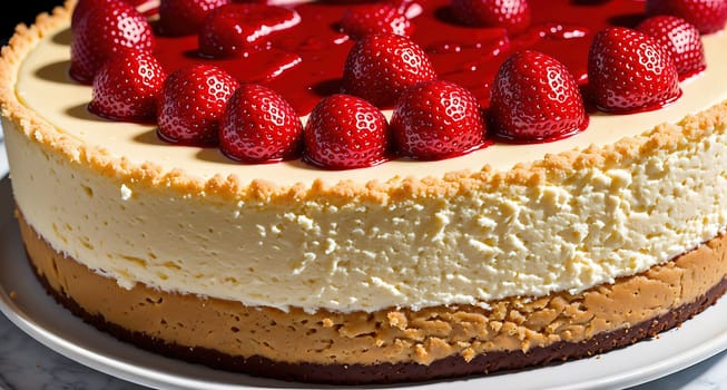 The image is a cheesecake with a layer of strawberry sauce on top.