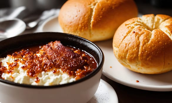 The image shows a bowl of baked macaroni and cheese with two slices of bread on the side.