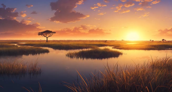 The image shows a sunset over a marshy landscape with a lone tree standing in the foreground.