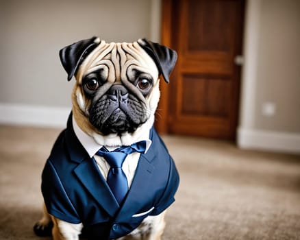The image shows a pug dog wearing a blue suit and tie standing in front of a white wall.