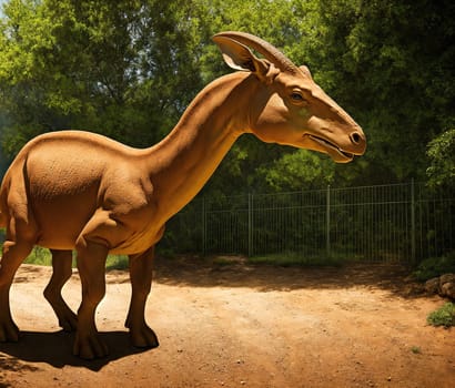 The image shows a group of three dinosaurs standing in a dirt path, with one of them looking directly at the camera.