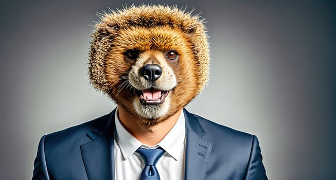 The image shows a man wearing a suit and tie with a bear head mask on his face.
