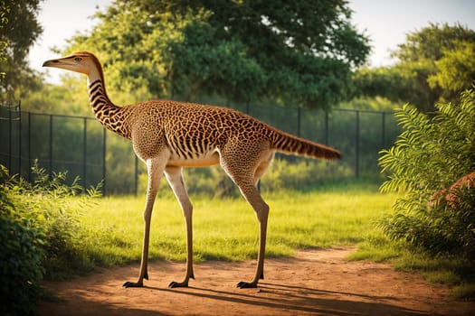 The image shows a tall, slender bird with long legs and a long neck standing in a grassy area with trees in the background.