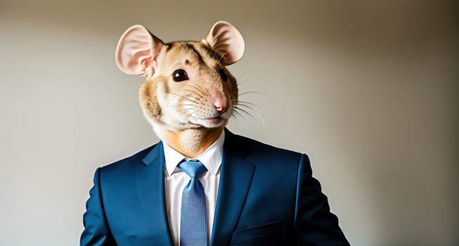 The image shows a man wearing a suit and tie holding a mouse in his hand.