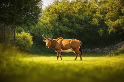 The image shows a brown and white deer standing in a grassy field with trees in the background.