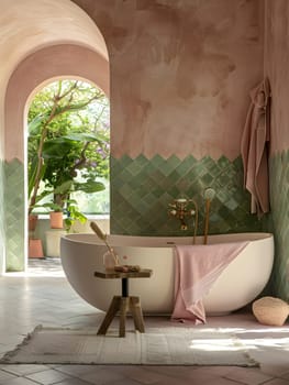 A bathtub is placed in the center of the bathroom, surrounded by hardwood flooring and a shade plant to enhance the buildings decor