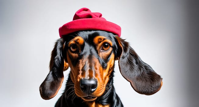 The image is a black and white illustration of a dachshund dog wearing a pink beanie and looking up at the camera with its tongue hanging out of its mouth.