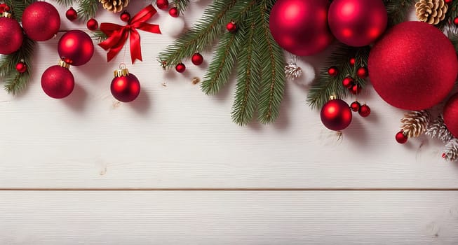 The image shows a red and green Christmas wreath hanging on a wooden background with red and green ornaments hanging from it.