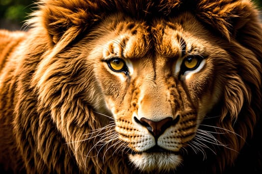 The image is a close up of a lions face with its eyes looking directly at the camera.