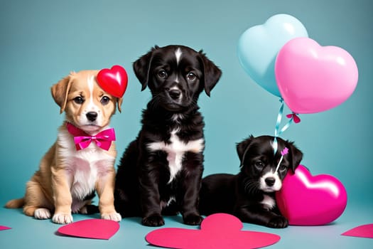 The image shows three cute puppies sitting on a pink background with balloons and hearts.