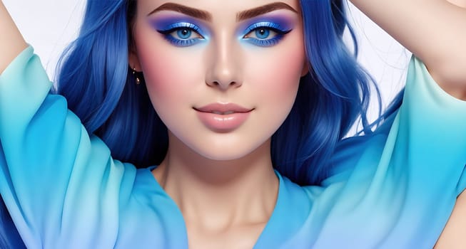 The image depicts a young woman with blue eyes and long, curly hair, wearing a blue shirt and white pants, posing with her hands on her hips.