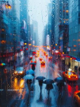 Rainy Day Cityscape with Blurred Umbrellas and Pedestrians, The water-streaked scene suggests the resilience and adaptability of city dwellers.