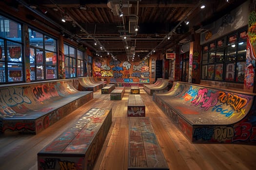 Skateboarding Urban Oasis Defines Cool in Business of Youth Culture and Extreme Sports, Skate decks and urban murals define cool and youth culture in the skateboarding urban oasis business.