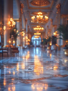 Grand Hotel Lobby with Soft Focus on Elegance and Guests, The blurred opulence of the setting suggests luxury and the transient stories of travelers.