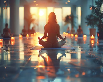 Serene Yoga Class in Session at a Sunlit Wellness Center, The tranquil blur of figures in poses against the morning light emphasizes balance and harmony.