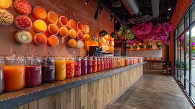 Vibrant Smoothie Kiosk Blends Health with Taste in Business of Refreshing Beverages, Blended fruits and colorful smoothies blend a story of health with taste and refreshing beverages in the vibrant smoothie kiosk business.