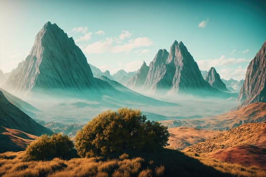 The image depicts a vast, barren landscape with rocky mountains in the distance, shrouded in mist.